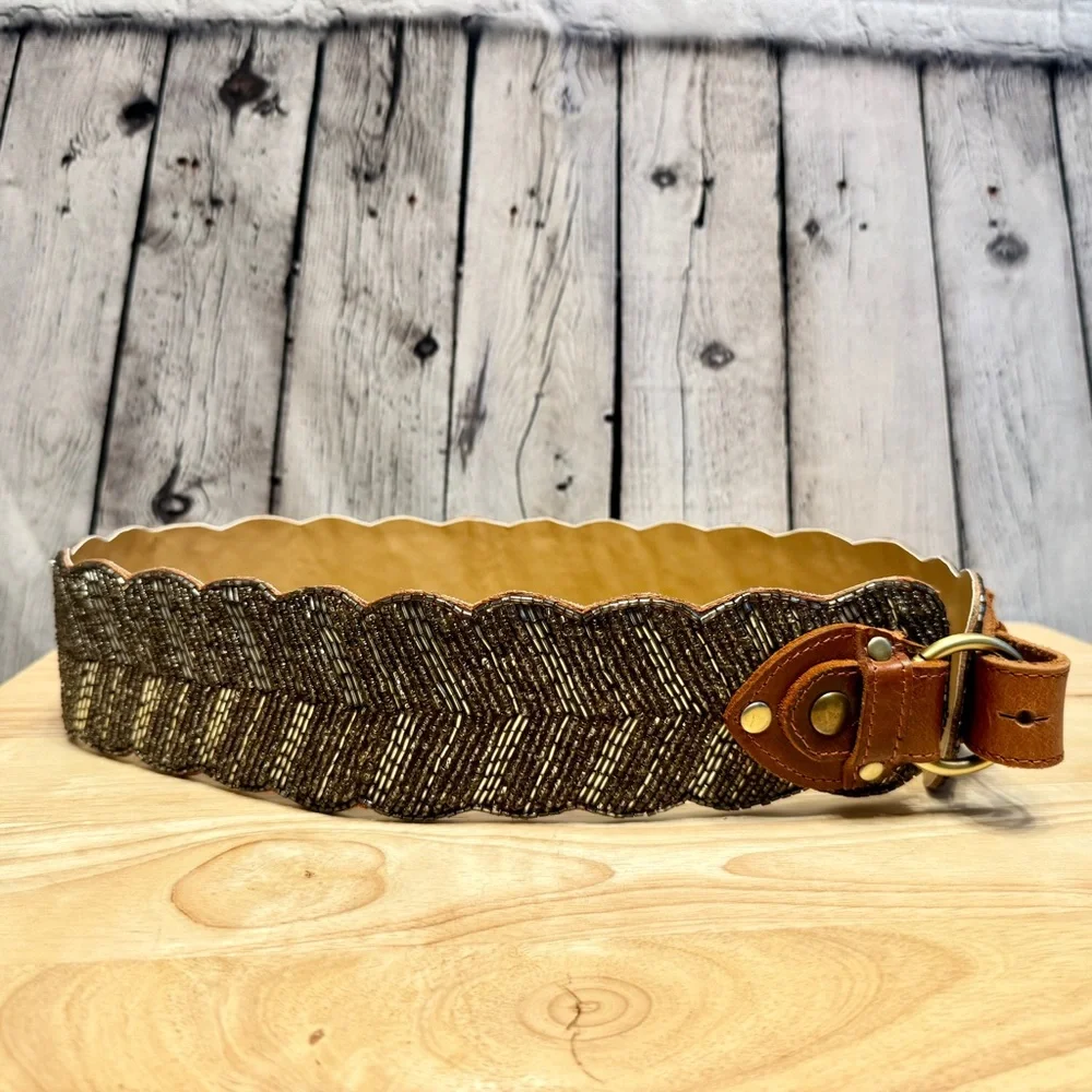 Motif 56 Brown Leather Glass Beaded Scalloped Wide Belt Size Large Statement
